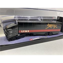 Corgi - five 'Monster Trucks' comprising Leyland-Daf Box Trailer (Parcelforce Worldwide) No.75501; ERF Tanker (Gulf Oil) No.75101; ERF Curtainside (Eddie Stobart Ltd) No.75201; ERF EC Box Trailer (Lynx Express) No.75001; and Leyland-Daf Tanker (Q8) No.75301; all in perspex display boxes (5)