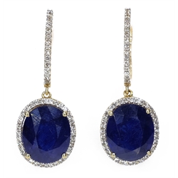  Pair of gold sapphire and diamond pendant ear-rings stamped 14K 585, sapphires approx 6 carat diamonds approx 0.6 carat  