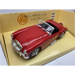 Polistil - four Tonka 1:16 scale models comprising Porsche 911 Cabriolet; MGA Twin Cam; Ferrari California; and Morgan Plus 8; and Polistil 1:18 scale  model Lamborghini Miura; all boxed (5)