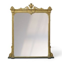 Large late 19th century gilt framed overmantel mirror, urn pediment above a foliate and Gr...