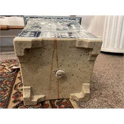 19th century Chinese blue and white planter and stand, each of square slightly tapering and flared form, the planter decorated with figures and precious objects between stylised foliate borders, the stand decorated with landscapes beneath a lipped rim with cell band, planter H28cm D25.5cm, stand H7cm D26cm