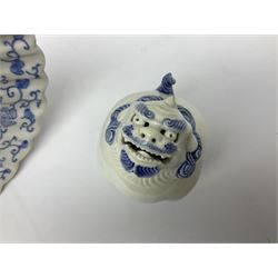 Japanese Hirado blue and white porcelain censer in the form of a Lion Dog, together with a Hirado porcelain shell shaped dish, centrally decorated with an exotic bird flanked by two roundels on floral scroll ground, censer H13cm