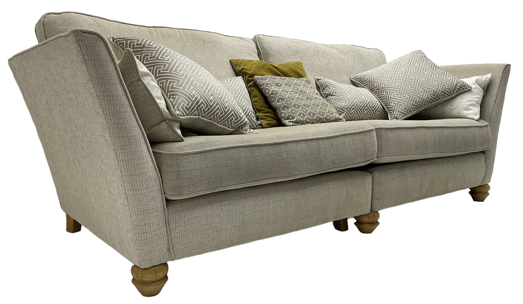 Oak Furnitureland - three-piece lounge suite upholstered in grey fabric, large three-seat sofa (W238cm, D106cm), two-seat sofa (W209cm), and snuggler sofa (W129cm)