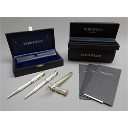  Writing Instruments - Yard O Led solid sterling silver hallmarked set of three fountain pen with '18ct' gold nib, matching ballpoint pen and propelling pencil, all boxed, each with a leather pouch (3)  