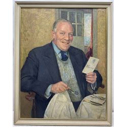 Arnold Henry Mason RA (British 1885-1963): 'The Optimist' - Portrait of H A Thompson, oil on canvas signed 90cm x 70cm
Provenance: exh. Royal Academy 1945, No.466. H A Thompson was Chairman of the London Civil Defence Welfare and a member of the London Toy Committee for Homeless Children. This was one of seven portraits Mason exhibited in the same 1945 exhibition 