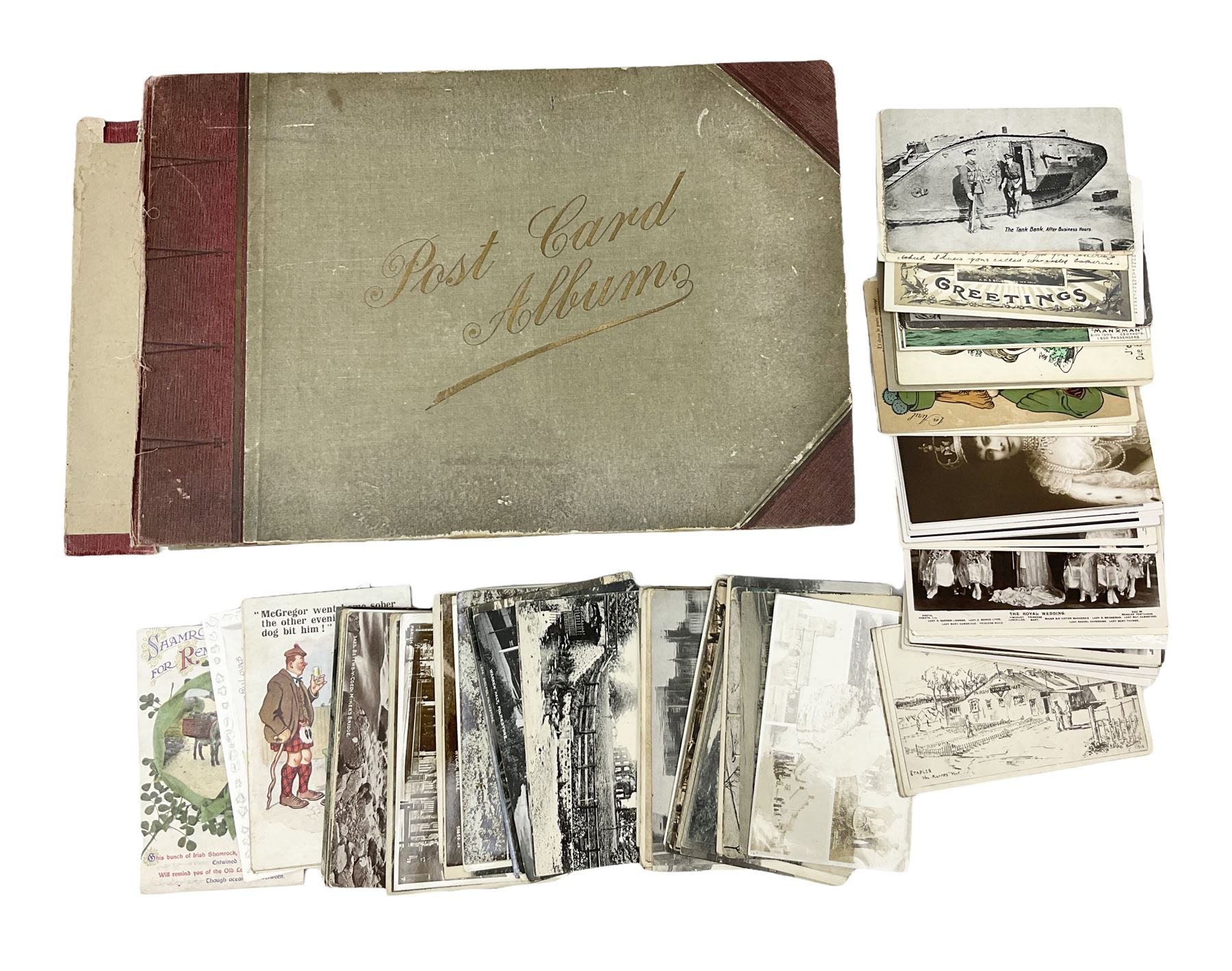Album containing approximately four hundred Edwardian and later postcards including three Louis Wain, comic cards by Tom Browne, Phil May etc, British and Foreign topographical including real photographic and local, Coronation trams, actresses etc; and large quantity of loose postcards including WW1 Belgium views and caricatures, Royalty portraits etc, 