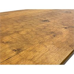 'Acornman' rectangular oak dining table, adzed top, stretcher base, carved Acorn signature, by Alan Grainger of Brandsby