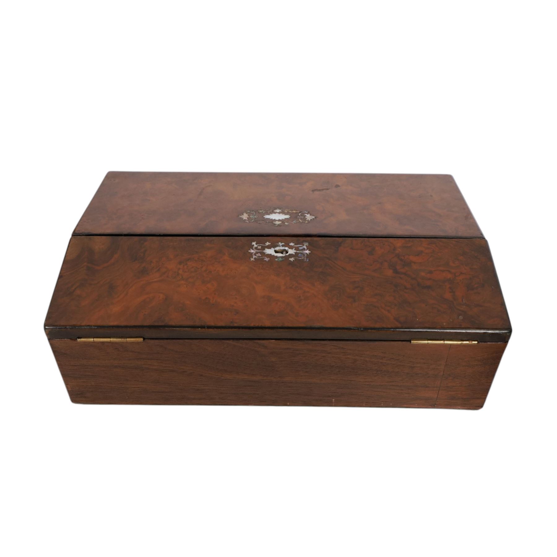 19th century burr-walnut writing slope, with inlaid mother-of-pearl decoration, fitted interior and two inkwells, together with a  parquetry writing slope, H16cm