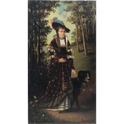 Continental School (Late 19th century): Lady with a Dog, oil on mahogany panel indistinctly signed 47cm x 26cm unframed