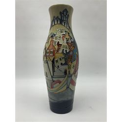 Moorcroft Whitby Harbour vase, 2017, trial vase of slender baluster form, tubelined and painted in bright colours with a view of Whitby town and harbour, impressed and painted marks beneath, H26cm 