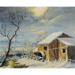  Mill in a Snowy Landscape, oil on board signed and dated Sheila Turner 87, 49cm x 59cm   