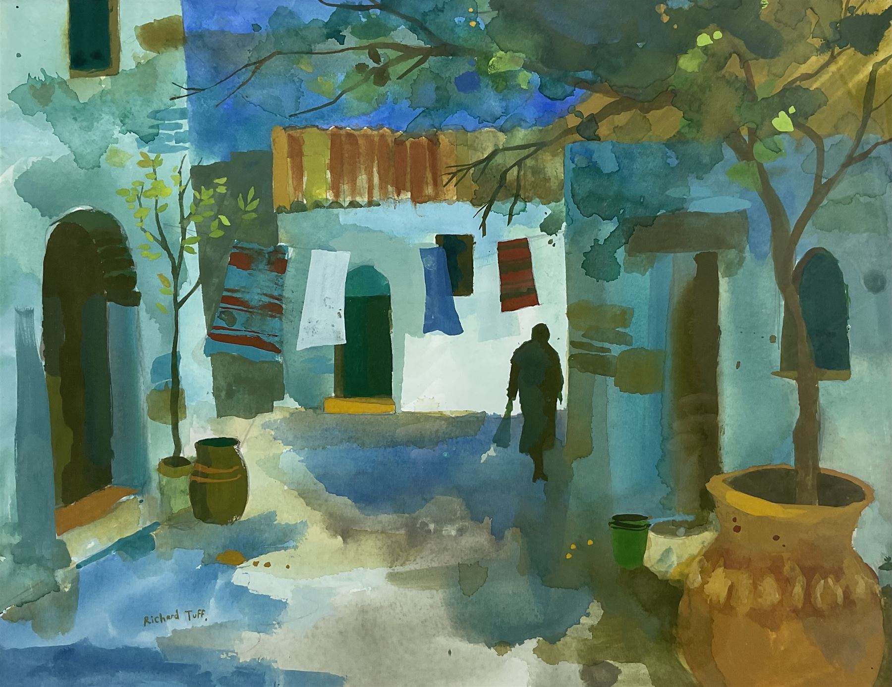 Richard Tuff (British 1965-):  Greek Street Scene, gouache on paper signed 36cm x 48cm 
