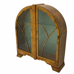 Art Deco walnut two door display cabinet, enclosed by two astragal glazed doors, fitted with two glass shelves