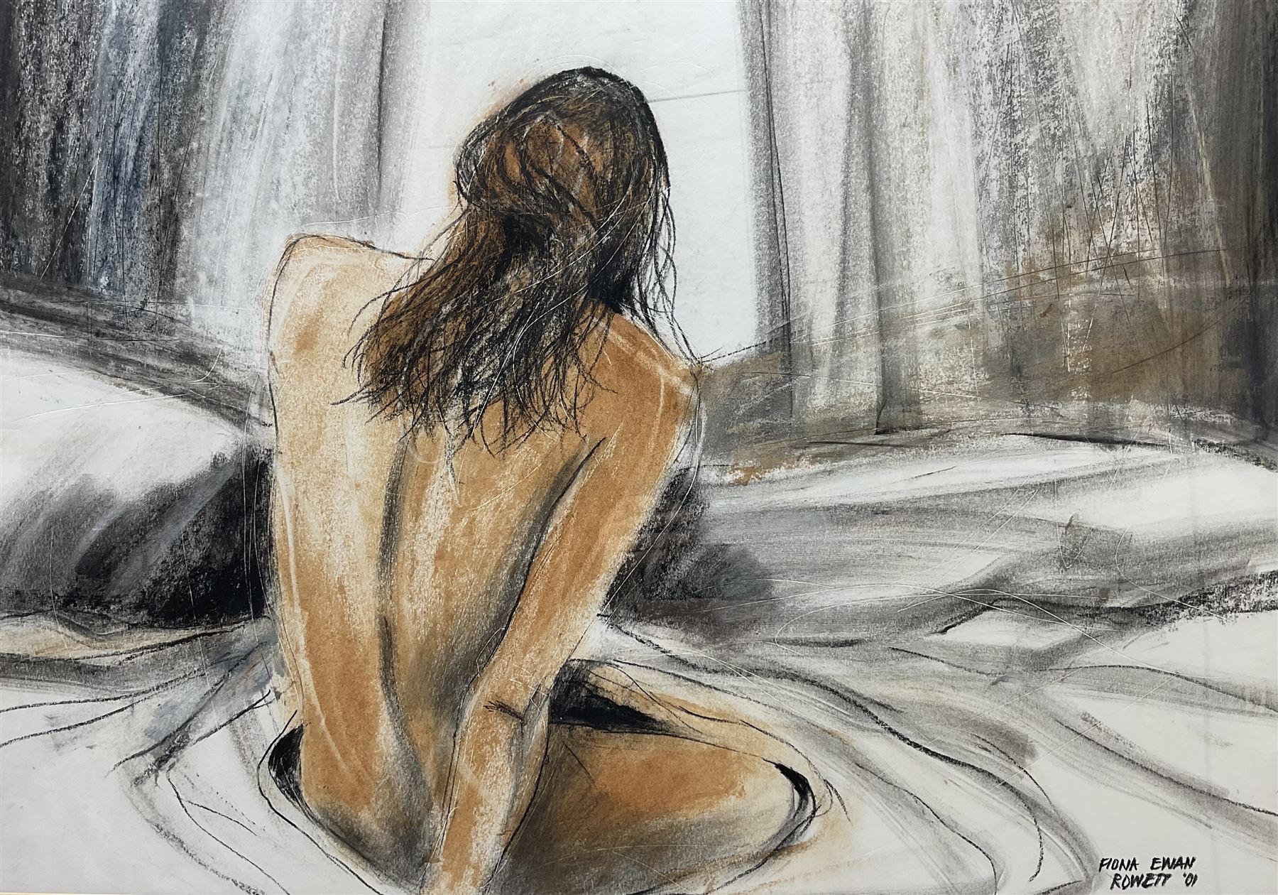 Fiona Ewan Rowett (South African 1948-): Reclining Female Nude, pastel and charcoal on paper signed and dated '01, 48cm x 68cm 