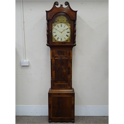  19th century crossbanded mahogany longcase clock with arched painted Roman dial signed Bowes Helmsley, 30hr movement hour striking on a bell,    