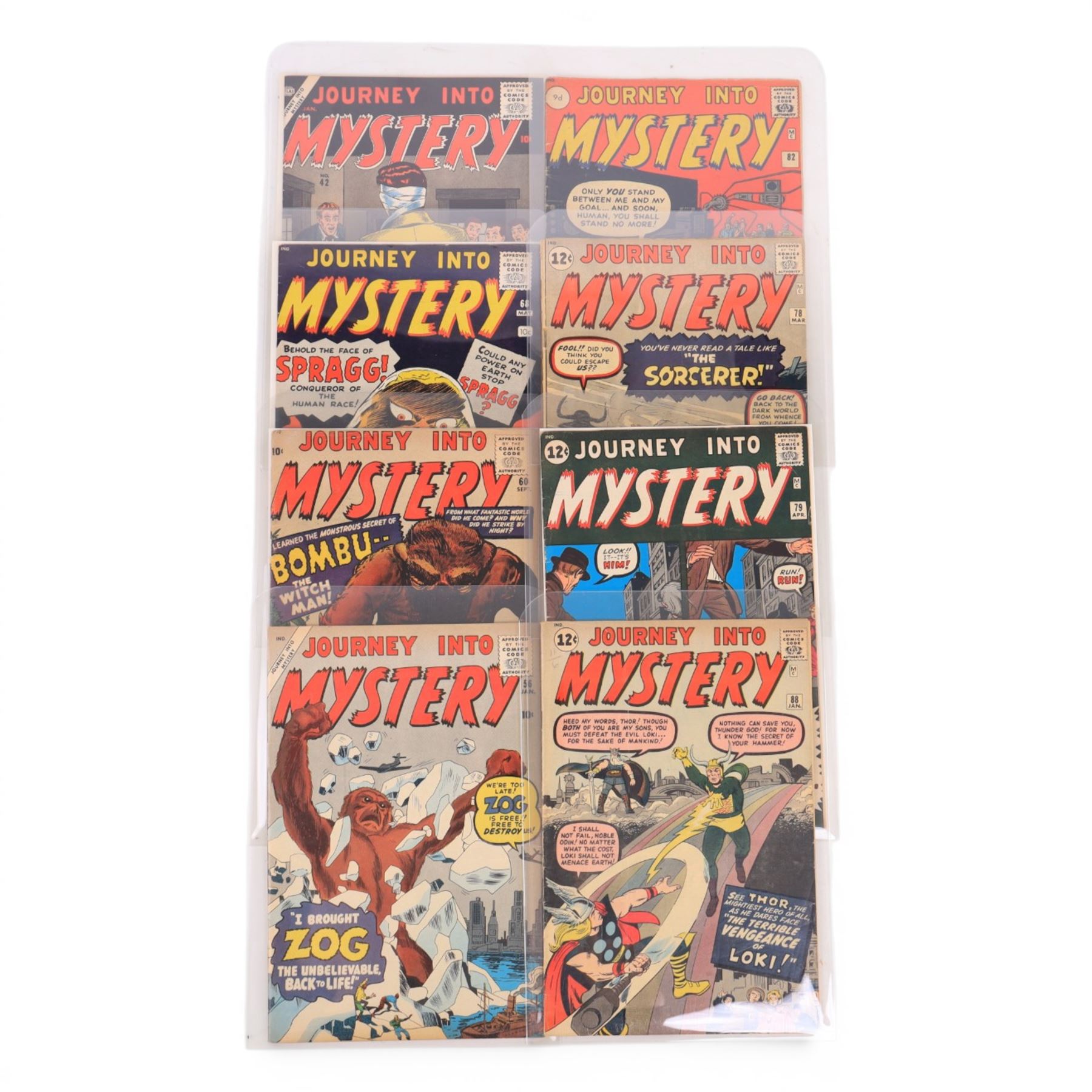 Eight Atlas/Marvel Silver Age 'Journey Into Mystery' comic books, spanning years 1957-1963, comprising issues #42, #56, #60, #68, #78, #79, #82 and #88