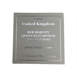 Three The Royal Mint United Kingdom silver proof coins, comprising 1995 '50th Anniversary of the United Nations' two pounds, 1996 'A Celebration of Football' two pounds and 1996 'Her Majesty Queen Elizabeth II 70th Birthday' five pounds, all cased with certificates