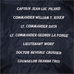 Star Trek The Next Generation 10th anniversary jacket, leather sleeves and collar with embroidered decoration throughout, including 10th anniversary emblem to back, 'Star Trek The Next Generation' to collar, 'Paramount Pictures Stages 8,9 & 16' to front and seven character names to interior, in size XXXXL, purchased in 1990s from Star Trek Experience Las Vegas
