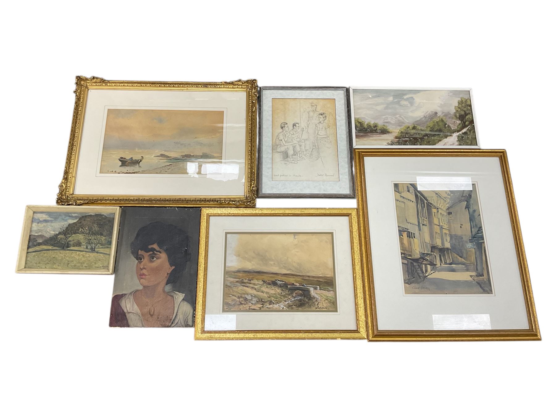 Watercolours and paintings, including Cecil Gracey street scene, Juliet Pannett pencil, portrait oil, coastal watercolour in quality gilt frame, William Ashton herding cattle watercolour, Ernest Forbes oil, etc