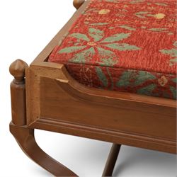 Traditional design teak long foot stool, red patterned seat cushion, on an X-frame base