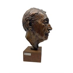 Anne Curry (French 1943-): Bronze bust modelled after the artist's late Grandfather, signed and dated '95 and numbered 1/5 on square wooden plinth, H41cm overall. Provenance: This piece was a gift from the artist's father to the vendors late mother in law. The portrait depicts the artist's late Grandfather who was a friend of the family