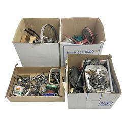 Collection of motorcycle and bicycle parts, tools and similar equipment, to include seats, lights, pedals, brakes and two drill stands, etc, in three boxes 