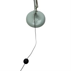 Contemporary Anglepoise-style industrial floor lamp, pale blue painted domed metal shade on adjustable double arm with tension springs, set on a weighted circular base