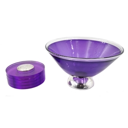  Ex retail: Hallmarked silver mounted purple glass pedestal bowl boxed 16cm diameter and a set of four perspex coasters with silver centre holder  