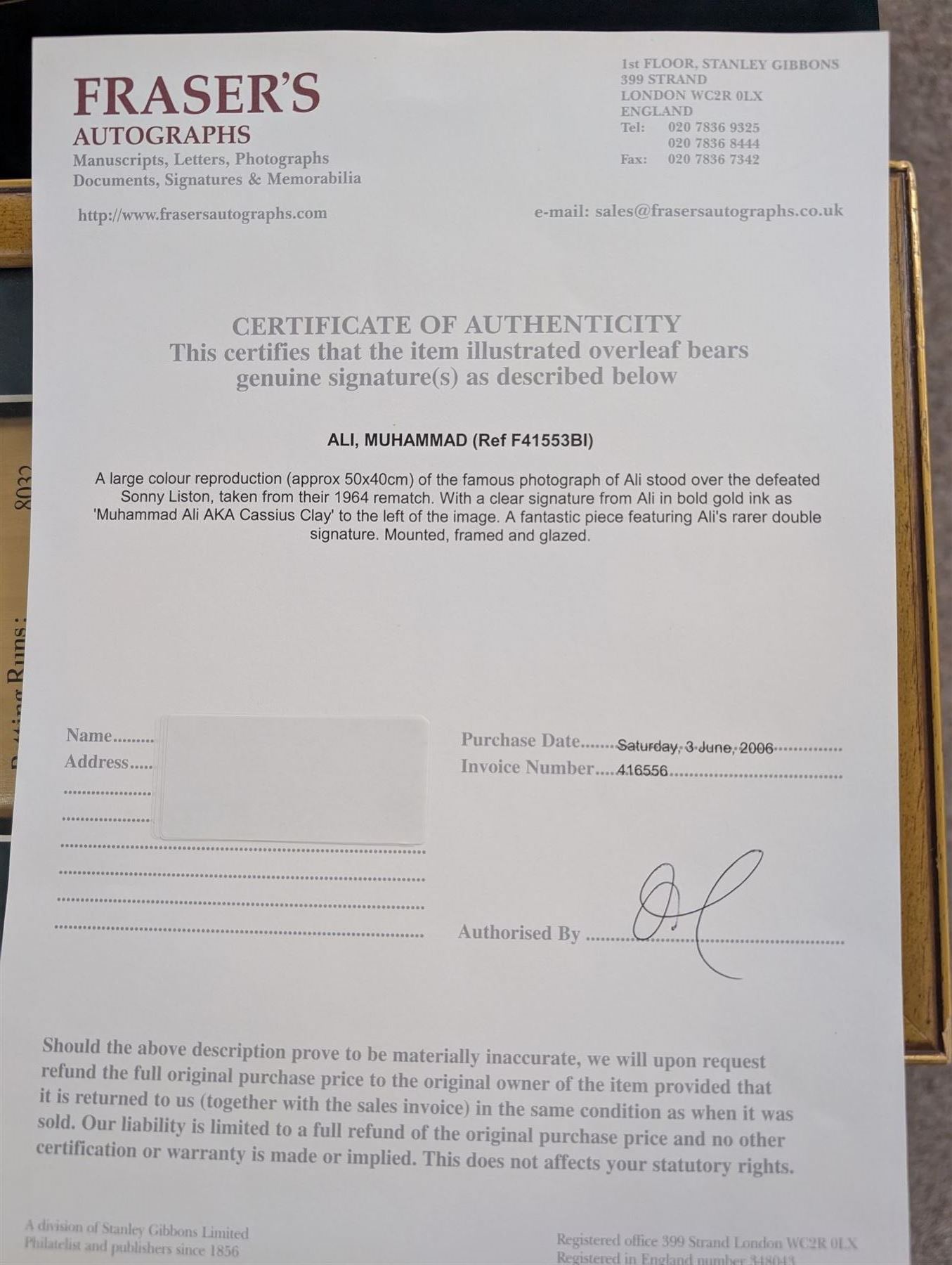 Large colour print depicting the famous scene of boxer Muhammad Ali standing over the defeated Sonny Liston, taken from their 1964 rematch, signed by Ali to the left middle in gold marker, with his double signature 'Muhammad Ali AKA Cassius Clay', with certificate of authenticity from Fraser's Autographs, framed, picture H49cm