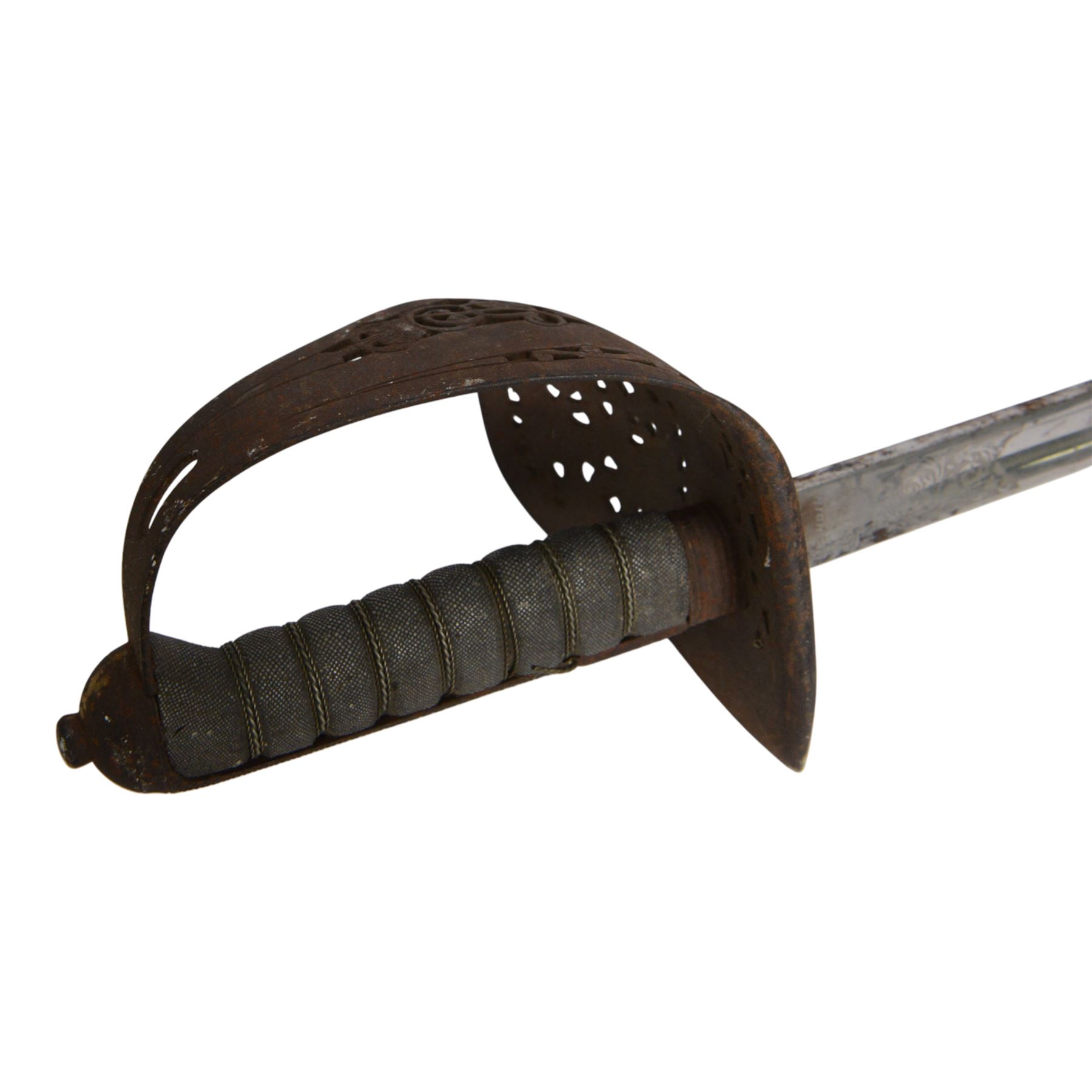 British Edward VII 1897 pattern Infantry Officer's sword, by F.W. Flight, the 82cms single edged blade etched with leaf design and Royal cypher, the hilt with pierced and cypher decorated guard around wire bound shagreen grip, within leather scabbard with frog and Sam Browne, overall L100cm