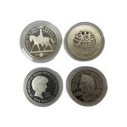 Four Queen Elizabeth II United Kingdom silver proof commemorative crown coins, comprising 1999 'In Memory of Diana Princess of Wales', 2000 'The Queen Mother Centenary Year' 2002 'Accession' and 2003 'Coronation', all with certificates
