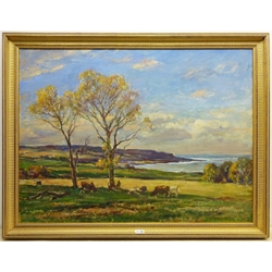 Owen Bowen (Staithes Group 1873-1967): Cattle Grazing on the Banks of the Solway Firth, oil on canvas signed 75cm x 100cm

