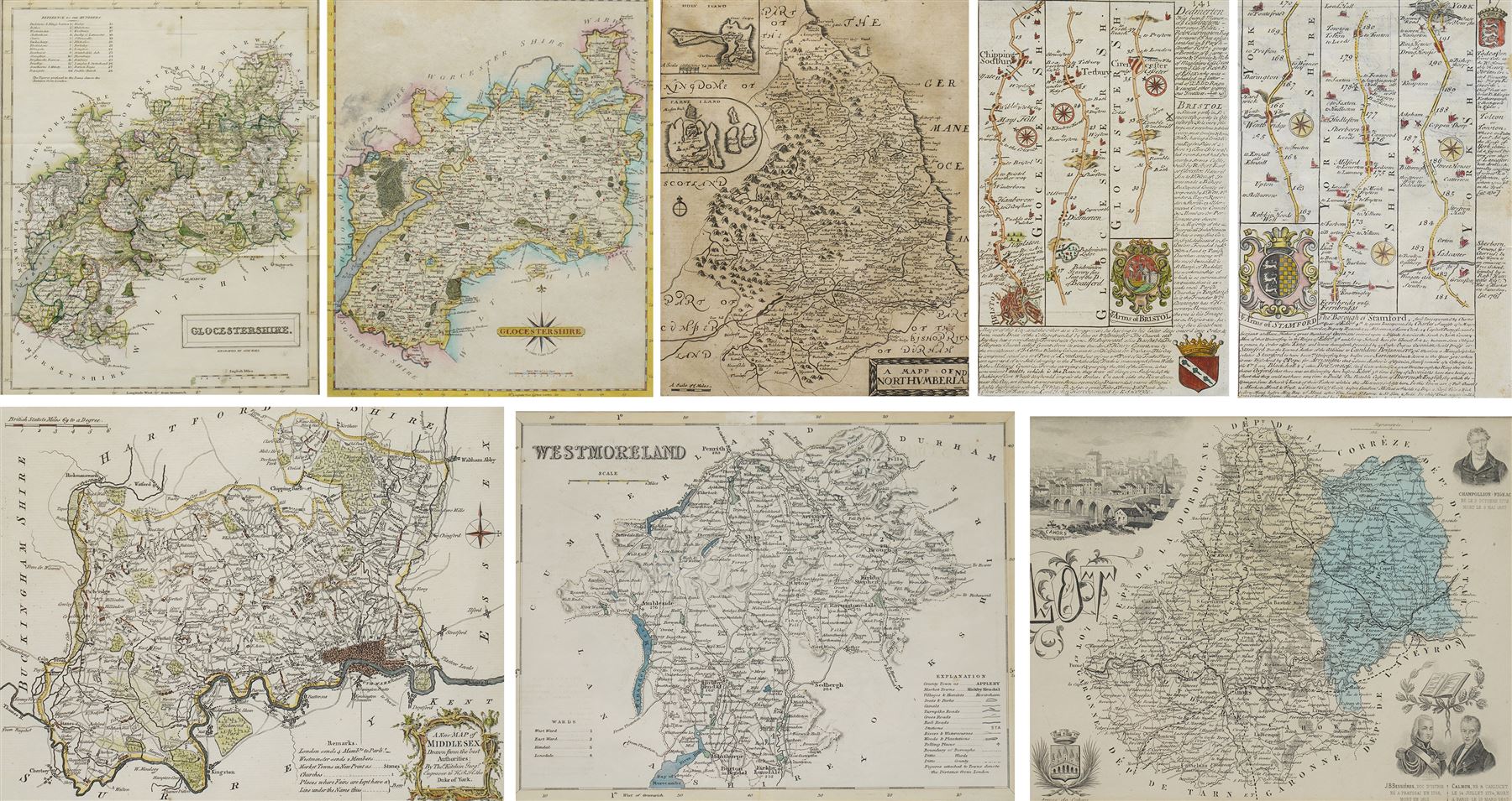 Topographical Interest - a collection of eight 18th century and later engraved and lithographic maps including two strip road maps (Bristol to York and Bristol), county maps of Gloucestershire (2), Westmoreland, Northumberland and Middlesex, together with a map of France max 28cm x 22cm (8)
