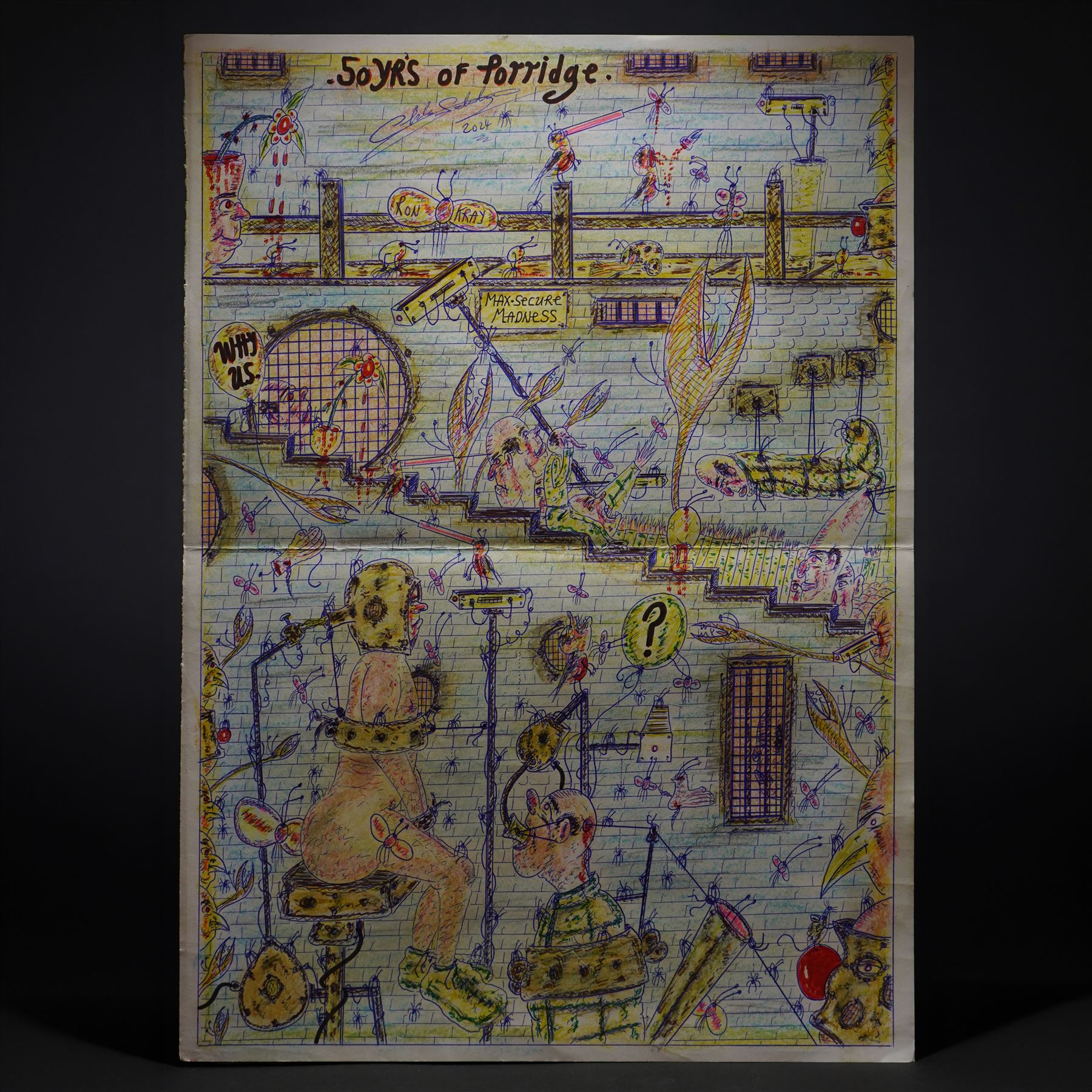 Charles Bronson (Charles Arthur Salvador) (British 1952-): A comprehensive collection of five hundred mixed media works executed between 2000 and 2025. Produced during the artist’s long-term incarceration, the works are primarily in ink, coloured pencil and mixed media on paper. The collection includes multiple formats: A5 (15 works), A4 (308 works), A3 (164 works) and A2 (13 works). Some are signed and dated; a number are executed on the reverse of official prison documents and other repurposed materials, reflecting the limited availability of art materials within the prison environment. This collection represents the largest body of the artist’s work to be offered as a single lot and has not previously been available on the market. (500) (unframed)

Notes: Dated examples span the period from 2000 to 2025, with the greatest concentration produced between 2012 and 2019 and including a group of recent large-scale works from the final years of the period; approximately twenty percent are undated.