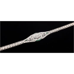  Art Deco style white gold diamond and emerald bracelet tested 18ct  