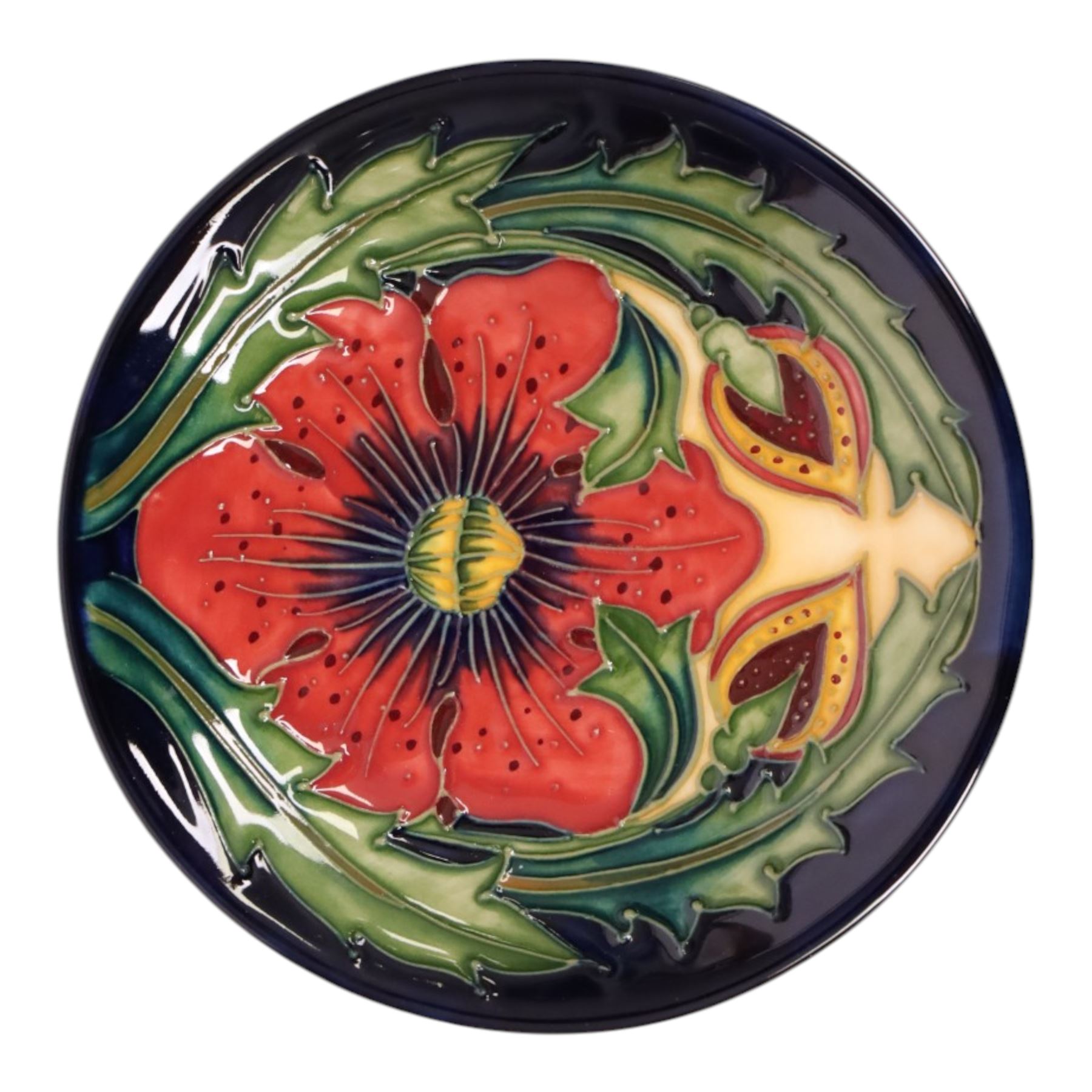 Two Moorcroft Amemnoe pattern bowls, together with a Anna Lily pattern dish, largest bowl D13cm