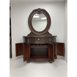 Kevin Charles American walnut demi lune shaped mirror back side cabinet with inset marble top, single drawer above central double cupboard doors flanked by single cupboard doors enclosing fitted interior, raised on scroll carved block supports  