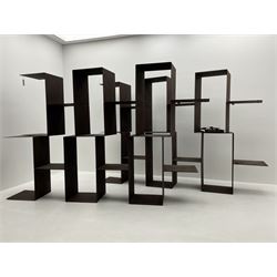 Retailed by The Conran Shop - four sectional modular shelving units, rusted metal finish, each unit - W212cm, H71cm, D33cm