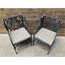 Richard Bawden (1936-2024): Pair of Cat design painted cast iron garden armchairs