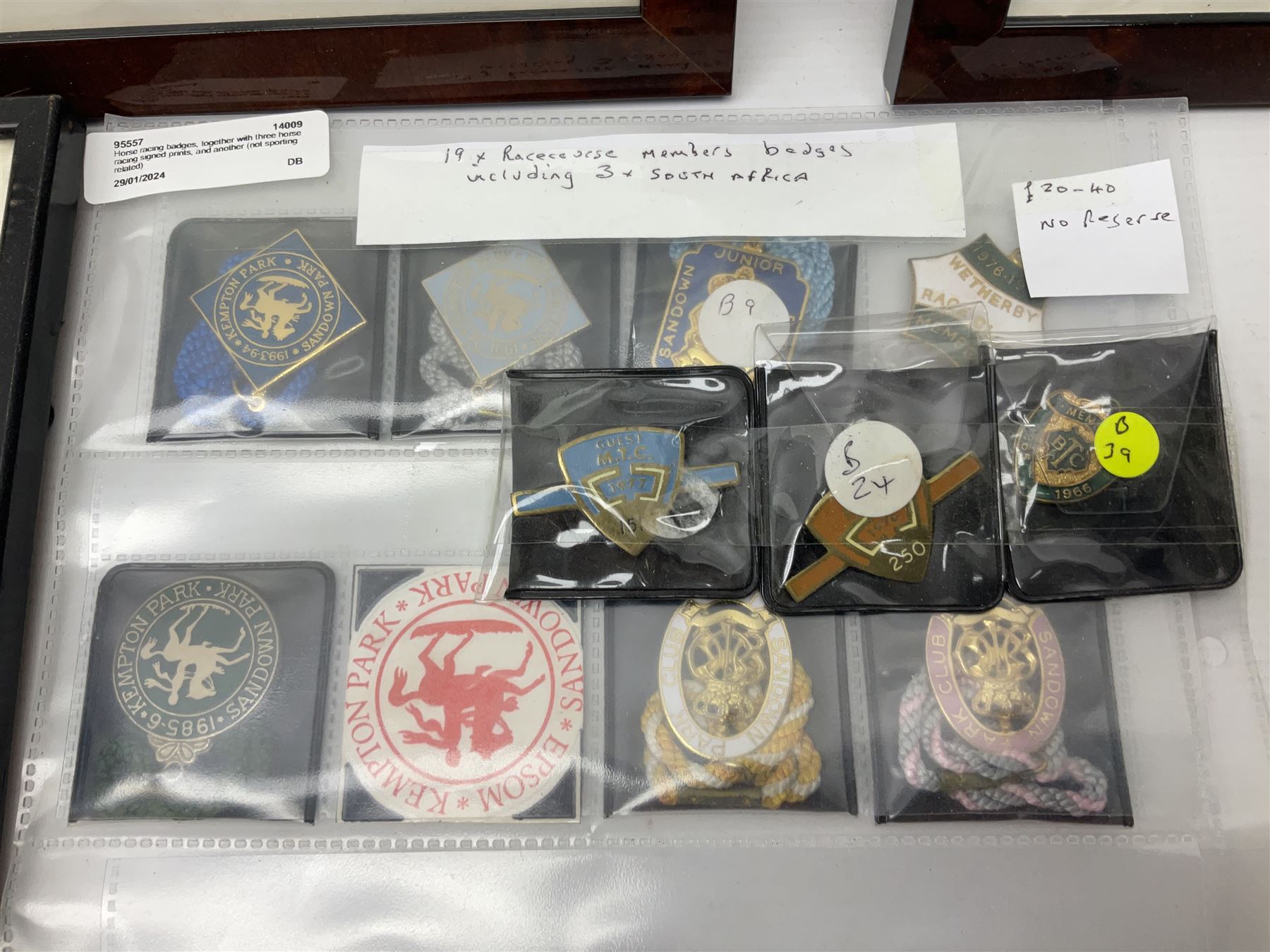 Enamel Horse racing members badges, together with three framed signed racing characters jockey prints, including Steve Smith Eccles, Willie Shoemaker and Greville Starkey, and one other print