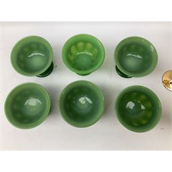 Set of six Art Deco style green glass sundae dishes, H9cm along with set of six Bohemian style glasses with twisted gilt stems