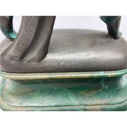 Art Deco style bronze, after Josef Lorenzl, modelled as a dancing lady with outstretched arms, with resin head and hands, raised upon marble effect base, signed to base, H38cm