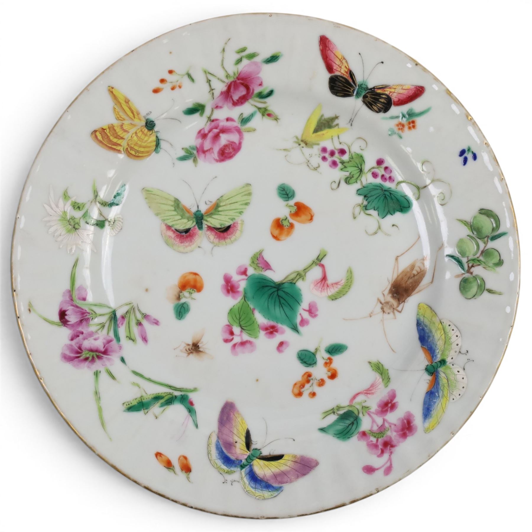 19th century Chinese famille rose plate, enamelled with fruits and flowers, crickets, butterflied and other insects, D20cm