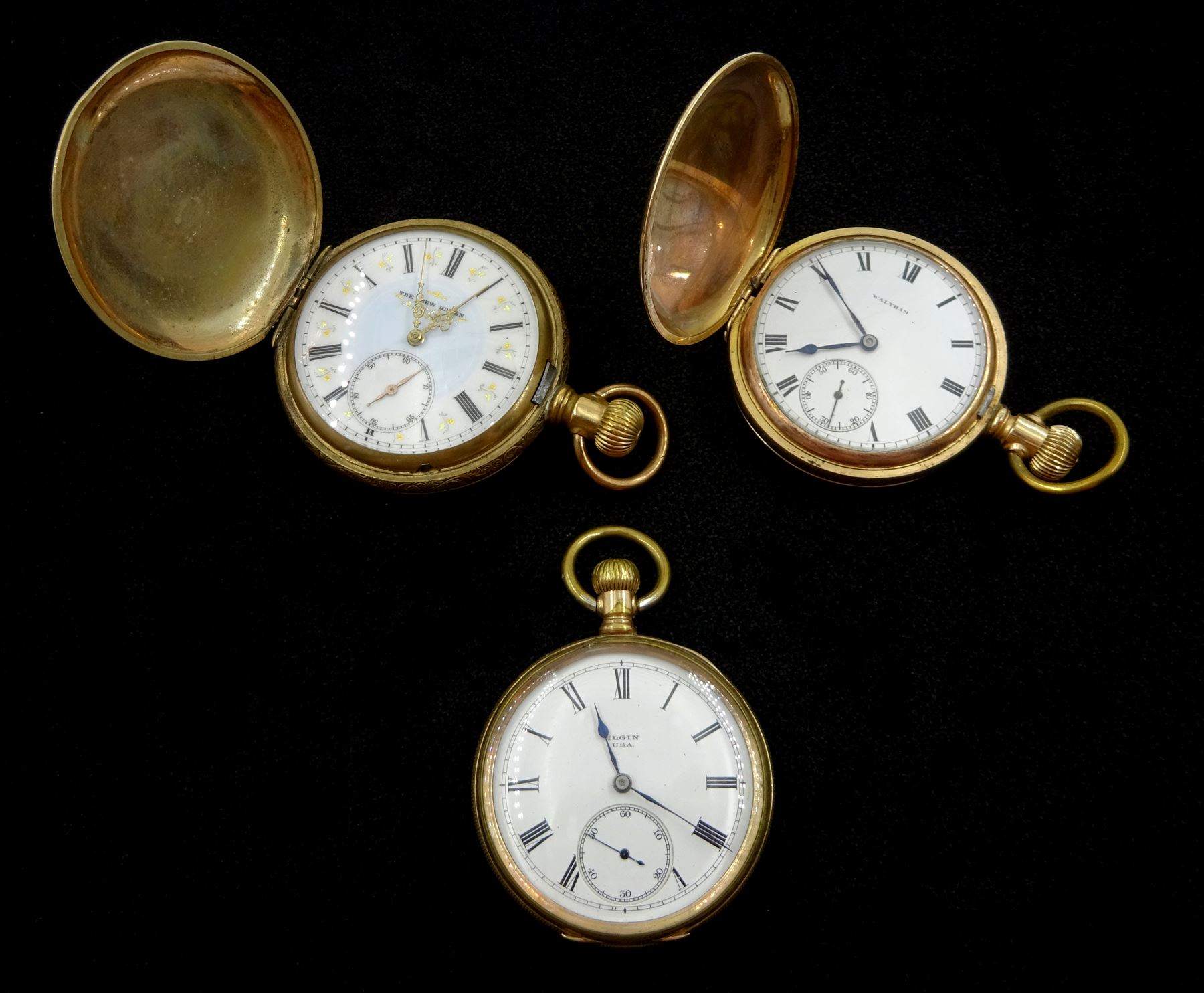 Three American gold-plated pockets including full hunter keyless Traveller pocket watch by Waltham, No. 14690196, full hunter by The New Haven, No. 1180019 and an open face by Elgin, all white enamel dials with Roman numerals