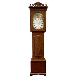 19th century c 1860-70 Scottish mahogany longcase clock in a typical west coast designed case with a full-length hood and carved pediment, rectangular hood door beneath a narrow frieze, trunk with shallow canted corners, bow fronted door with conforming cushion mouldings above and beneath, on a short plinth with shaped skirting, painted break arch dial, broad Roman numerals, minute track and matching stamped brass hands, painted spandrels representing the union of the crowns, Scotland, England, Wales and Ireland, “Burns & Mews” depicted in the arch of the dial, with subsidiary seconds and date dials, dial inscribed “Cameron & Son, Kilmarnock”, dial pinned directly to an eight-day rack striking movement with a recoil anchor escapement, striking the hours on a cast bell. With weights and pendulum.

John Cameron is recorded as working at Barrhead, Renfrewshire 1836-9, at Kilmarnock Ayrshire by 1840. Became J Cameron & Son at 11-13 King Street about 1855. 
 


