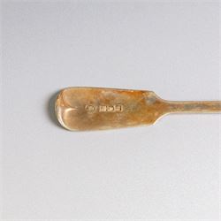 Three Fiddle pattern table spoons, comprising an Edwardian pair hallmarked Robert Stebbings, London 1908, and a single George IV example, hallmarked James Beebe, London 1823