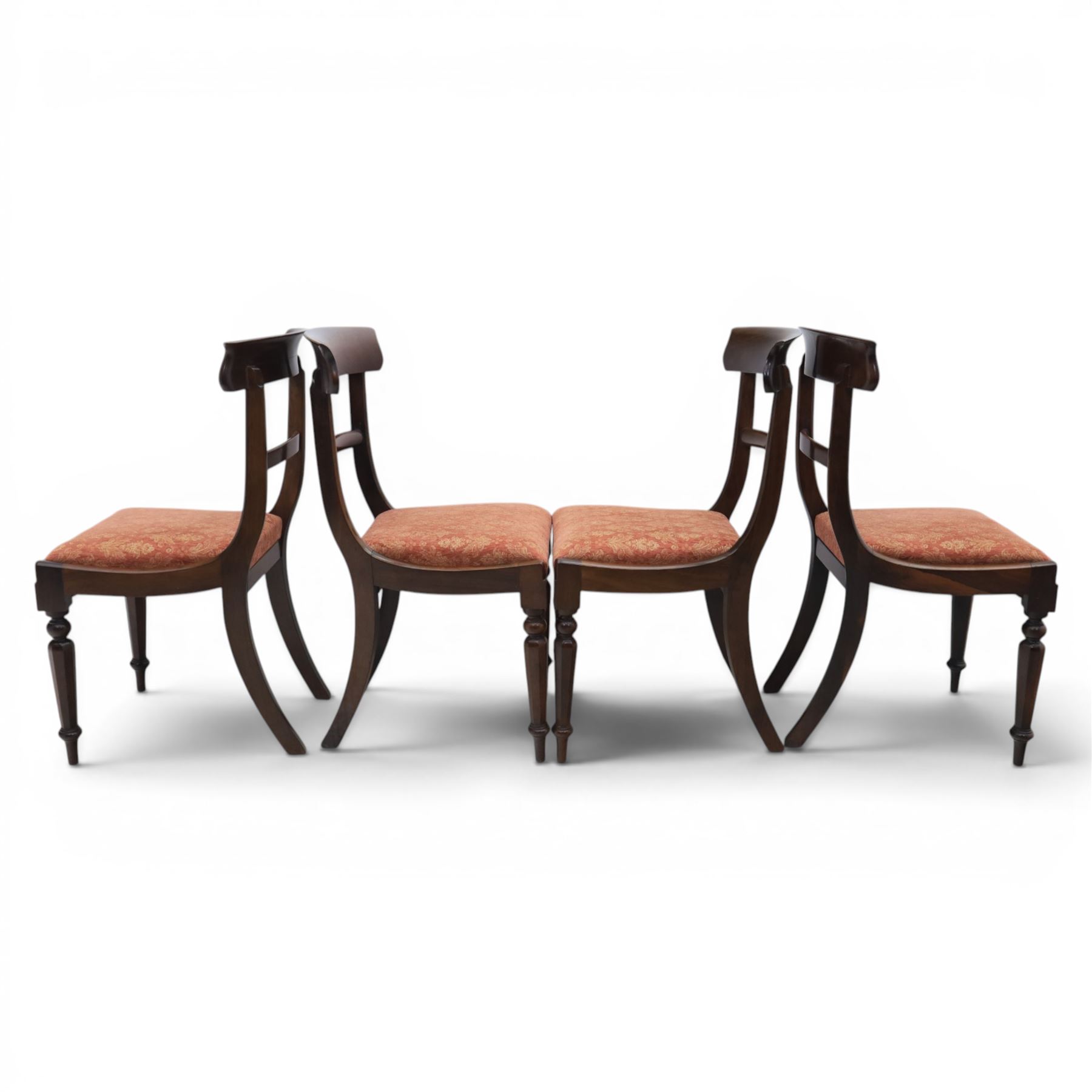 Set of eight 20th century solid rosewood dining chairs, upholstered drop in seats, on oak stretchers, made by Gott's of Pickering and T Feetam of Hull, stamped on all chairs, seat height 47cm