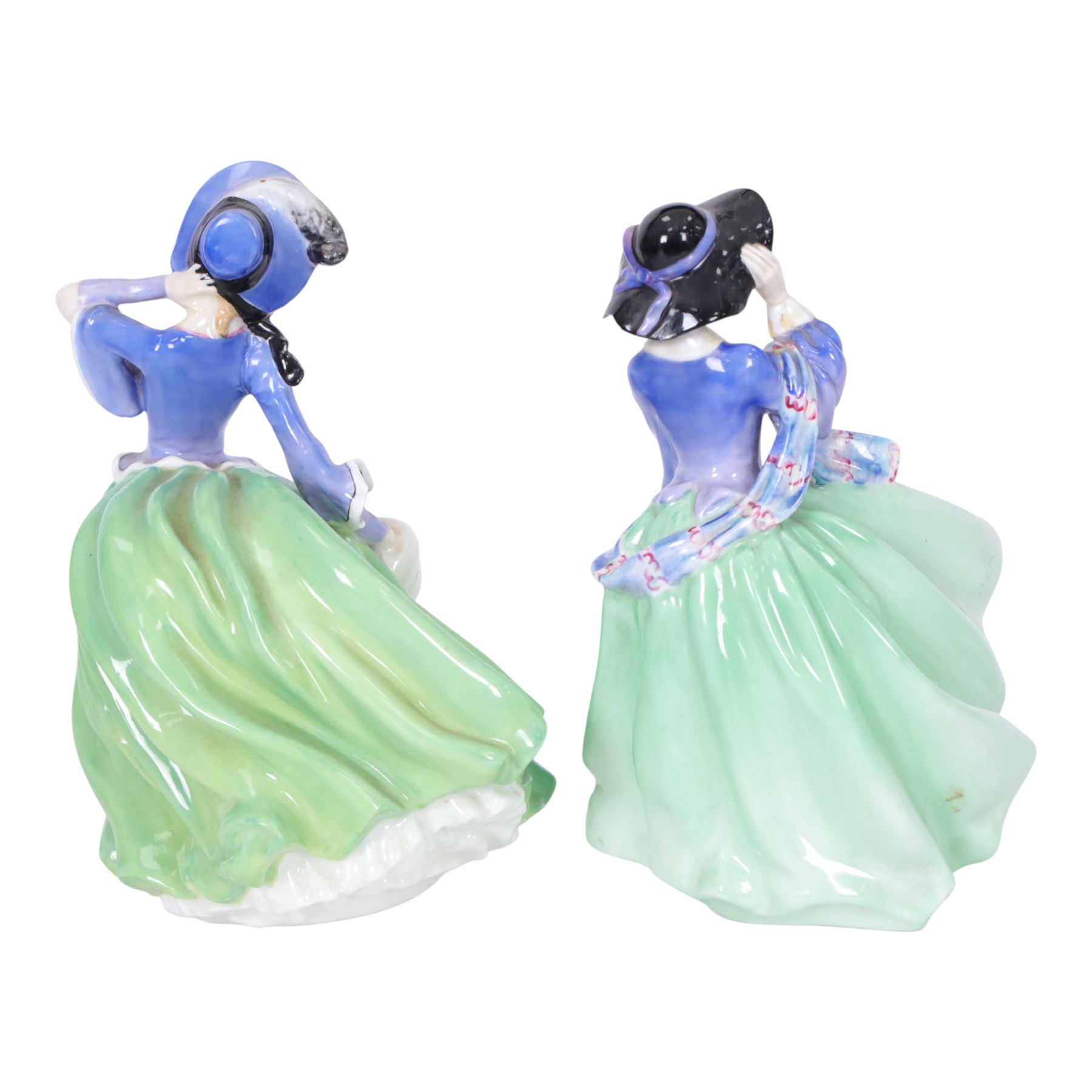 Six Royal Doulton figures, comprising Victorian Lady HN728, Top of the Hill in two colourways, HN1833 HN1849 and Autumn Breeze in three colourways HN1913, HN2131 and HN3736