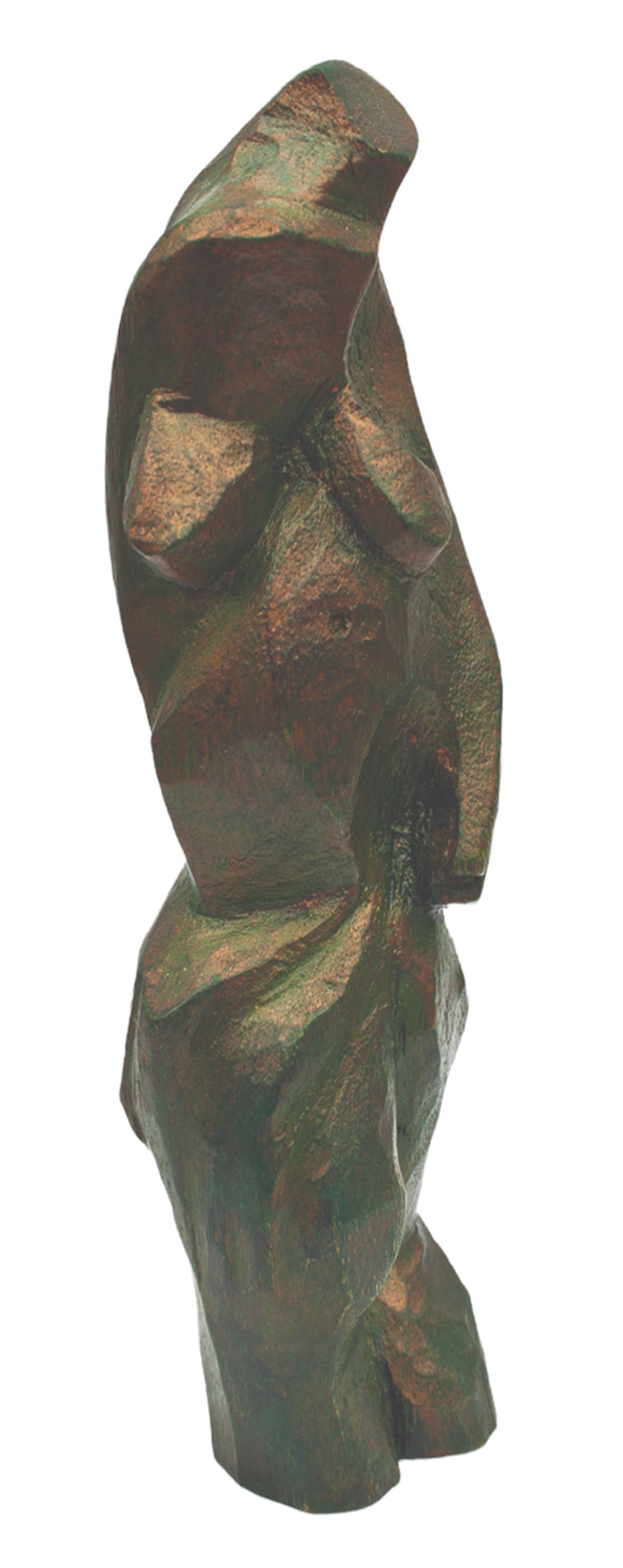 Graham Kingsley Brown (British 1932-2011): Abstract Nude, woodcarving painted in green and bronze, indistinctly signed and dated 2007 to the base H18cm 
Provenance: consigned by the artist's daughter - never previously been on the market.