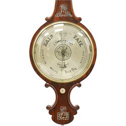 J. Somalvico & Co., Hatton Garden, London - early 19th century rosewood wheel barometer, the shaped banjo-form case inlaid in mother-of-pearl with foliate and animal motifs, incorporating a mercury thermometer above the circular silvered dial with weather indications, globe motif and brass bezel, signed 'J. Somalvico & Co.'